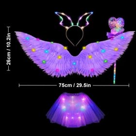 Luminous Butterfly Wings Skirt Set LED Light Butterfly Wings Party Princess Dress Angel Luminous Wings Girl Gift Birthday Decor (Color: Purple-glow-4pcs, Ships From: CN)